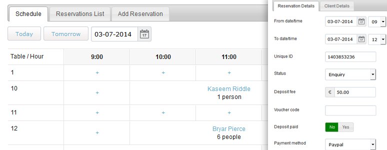 Online table booking system and restaurant schedule
