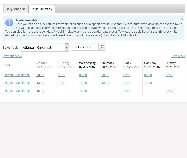 Preview route timetable